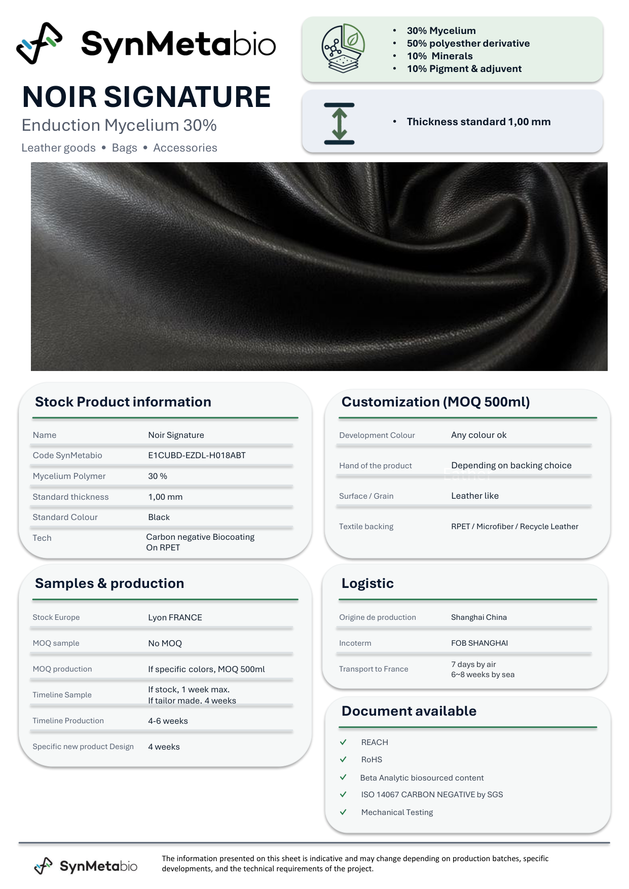 Noir Signature product data sheet – original PDF layout