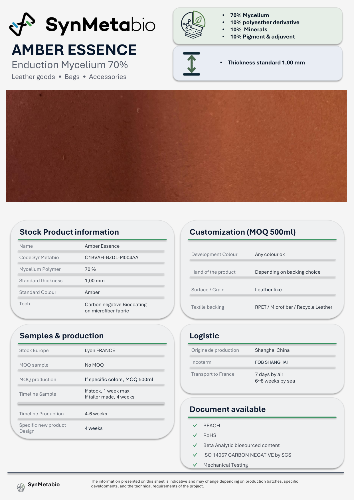 Amber Essence product data sheet – original PDF layout