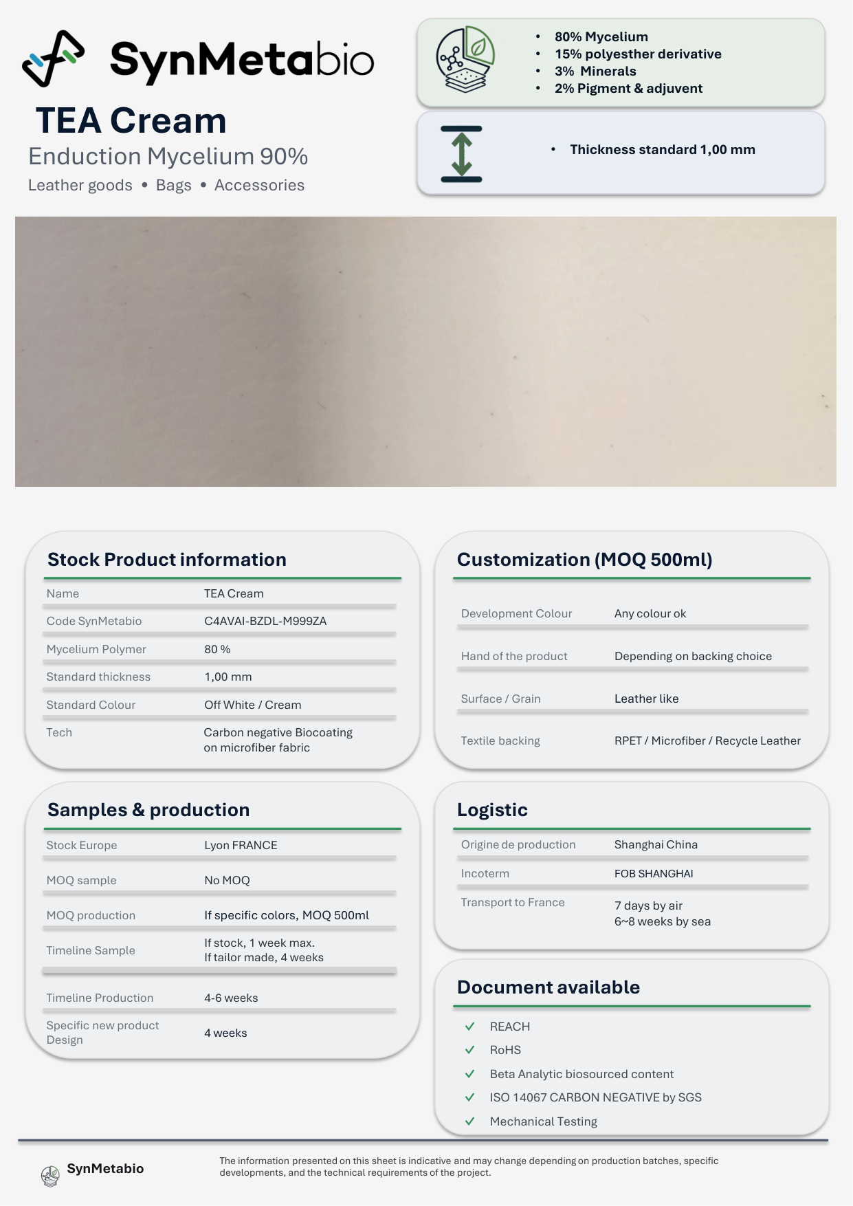 TEA Cream product data sheet – original PDF layout