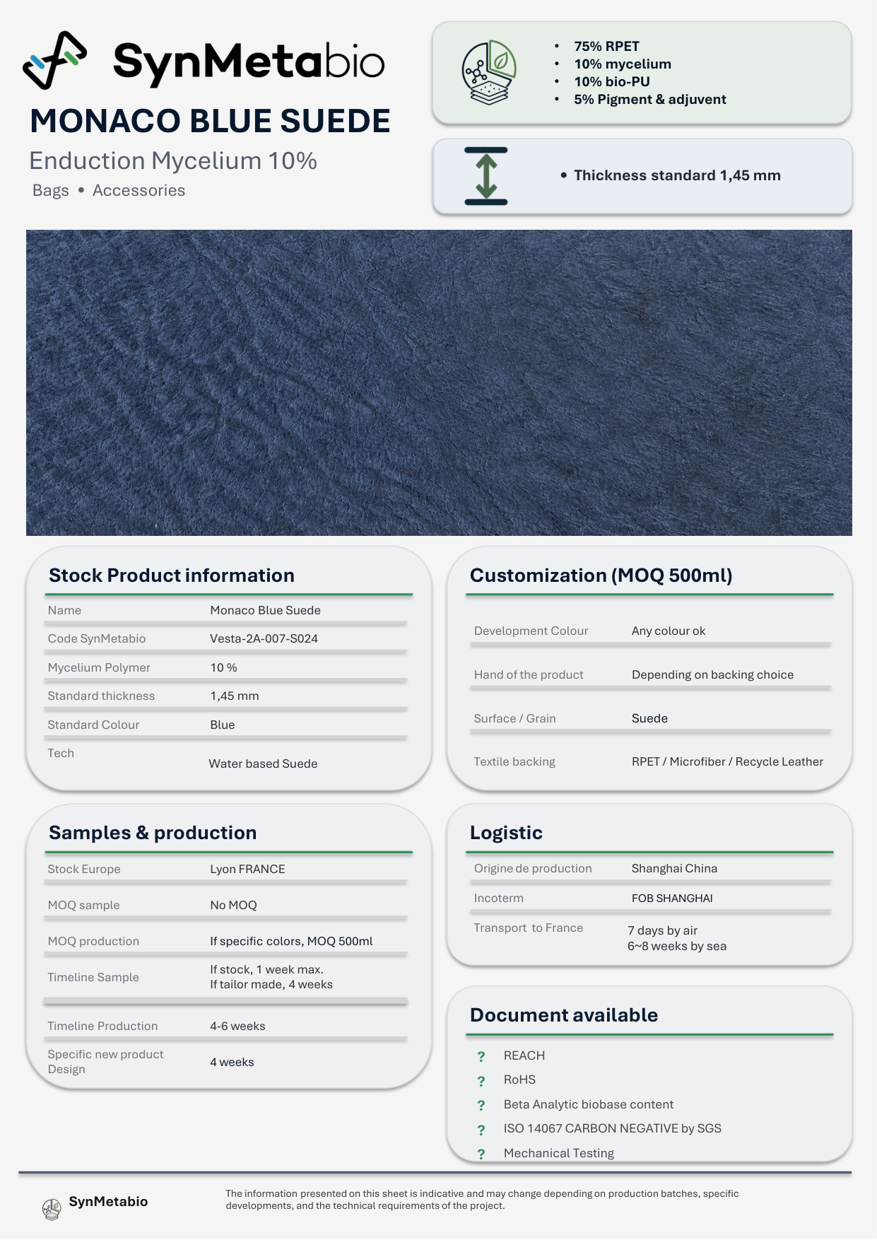 Monaco Blue Suede product data sheet – original PDF layout