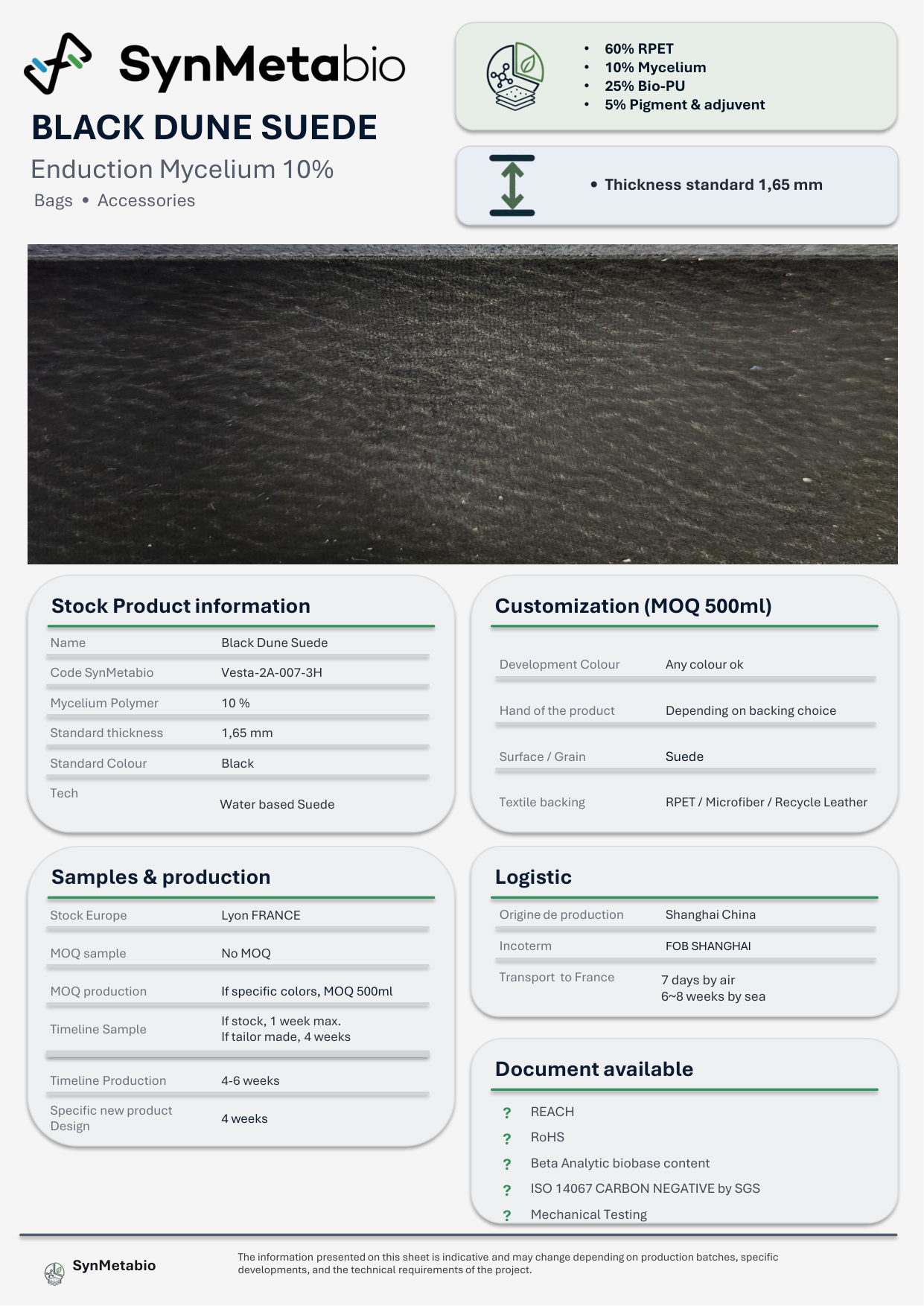 Black Dune Suede product data sheet – original PDF layout