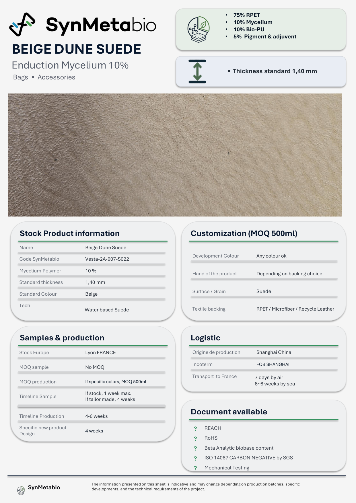 Beige Dune Suede product data sheet – original PDF layout