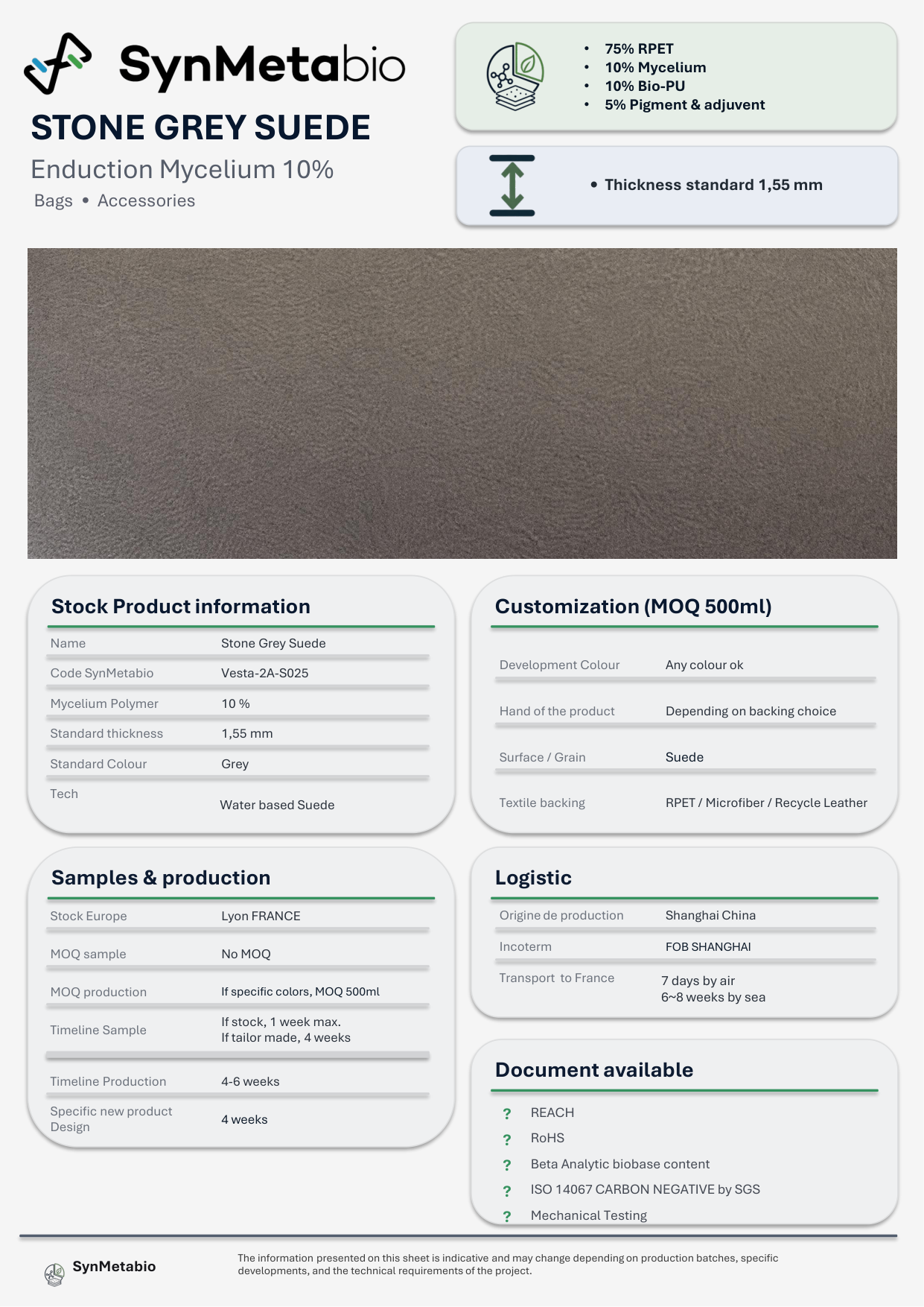 Stone Grey Suede product data sheet – original PDF layout