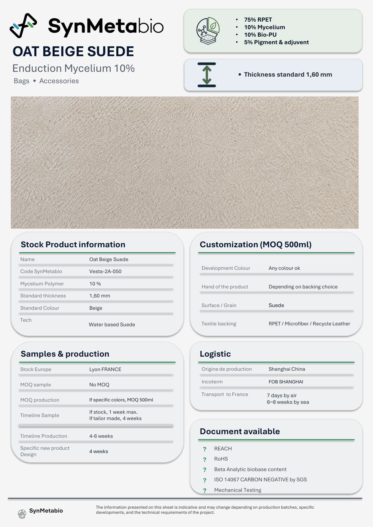 Oat Beige Suede product data sheet – original PDF layout