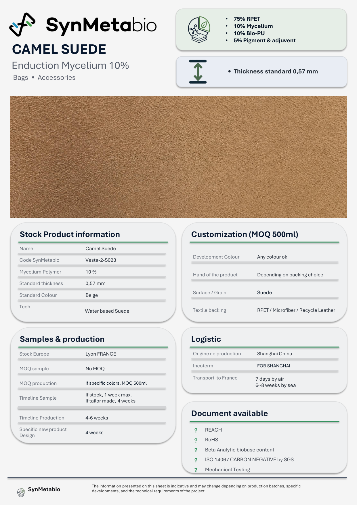 Camel Suede product data sheet – original PDF layout