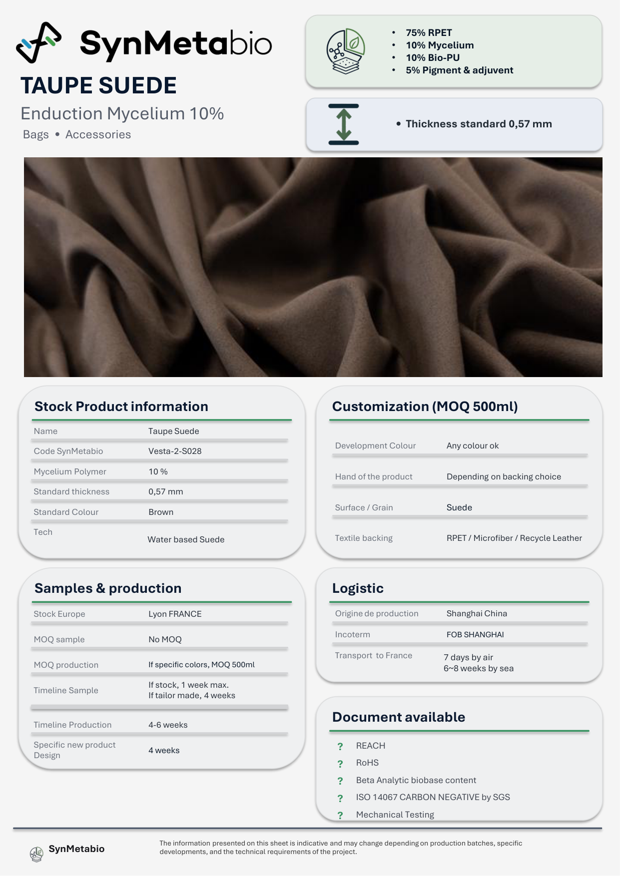 Taupe Suede product data sheet – original PDF layout