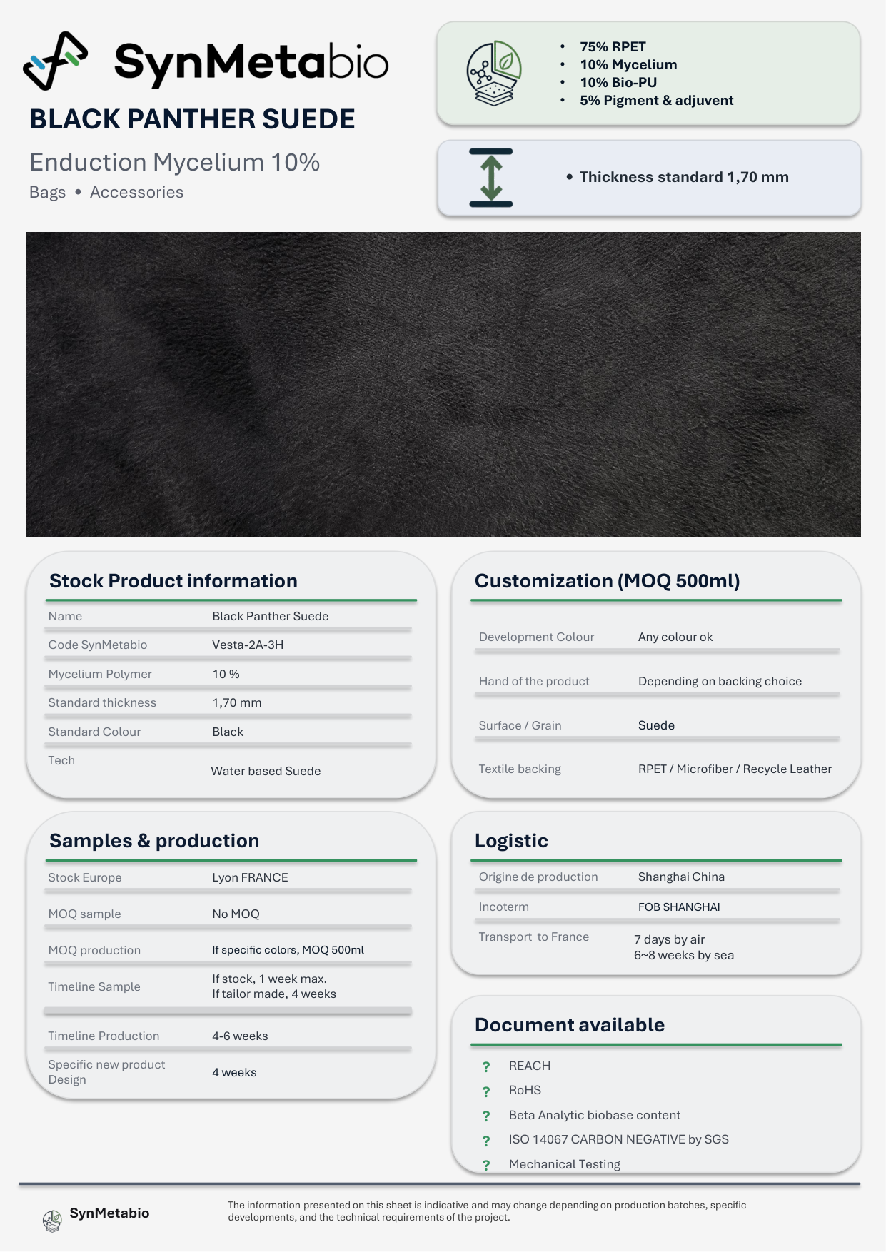Black Panther Suede product data sheet – original PDF layout